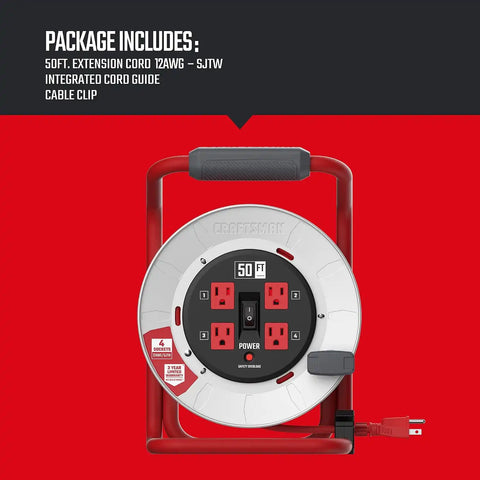 CRAFTSMAN 50 Ft. Contractor Edition Retractable Cord Reel, 4 Outlets | 12 AWG SJTW cable, heavy-duty build, ideal for job sites and workshops