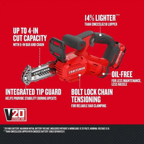 CRAFTSMAN V20 Mini Cordless Chainsaw, Pruning Saw, 6" Chain, Small Handheld Chainsaw, 2Ah Battery and Charger Included, Tree Trimming and Pruning, Compact and Lightweight (CMCCS320D1)