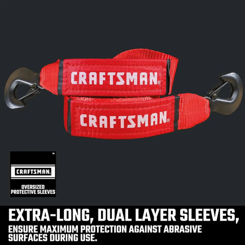 CRAFTSMAN 2" x 20' Tow Strap with Coated, Forged Steel Safety Clip Hooks | 9,000 lbs Break Strength, Coated Forged Steel Safety Clip Hooks, Weather-Resistant Strap, Emergency Flat Terrain Tow Solution