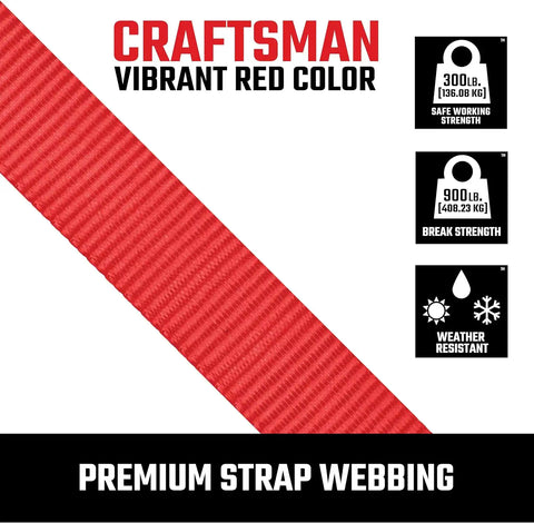 CRAFTSMAN 1" x 10' x 900 lbs Light-Duty Cam Buckle Tie-Down Straps, 4-Pack | 900 lbs Break Strength, XL Padded Grip Release Lever, Weather‑Resistant, Coated S‑Hooks, Easy to Use for Lightweight Cargo