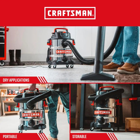 CRAFTSMAN CMXEVBE17155 10 Gallon 6.0 Peak HP Stainless Steel Wet Dry Vac, Portable Shop Vacuum Wet and Dry with Filter, Hose, DIY Cleaning Kit and Attachments for Home and Garage Use