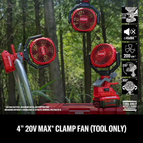 CRAFTSMAN Portable Clip On Fan, 4" Cordless Small Desk Fan Battery Powered, Lightweight Clamp Fan, 2 Speeds 300° Pivot & 270° Tilt, 200 CFM, CMXEFXA520402(Tool Only)