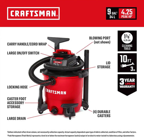 CRAFTSMAN CMXEVBE17590 9 Gallon 4.25 Peak HP Wet Dry Vac, Portable Shop Vacuum Wet and Dry with Filter, Dust Bag, Standard Hose, Pro Hose and Attachments for Home, Garage and Automotive Cleaning