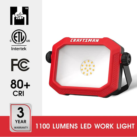 CRAFTSMAN 1100 Lumens 4000K LED Tiltable Portable Work Light in Red with 2-in-1 Adjustable Metal Rotating Stand and Handle, Impact-Resistant Glass Lens, 5FT Power Cord, ETL, Perfect for Job Site