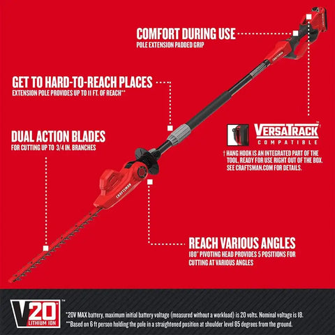 CRAFTSMAN V20 Pole Hedge Trimmer Cordless, 18-Inch, Battery and Charger Included Hedge Trimmer with Extension Pole, Up to 11 Ft Extended Reach (CMCPHT818D1)