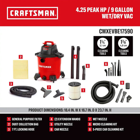 CRAFTSMAN CMXEVBE17590 9 Gallon 4.25 Peak HP Wet Dry Shop Vacuum Bundle