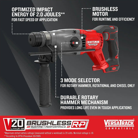 CRAFTSMAN V20 RP SDS Rotary Hammer Drill, Cordless, 7/8 inch, 2 Joules, Bare Tool Only (CMCH234B)