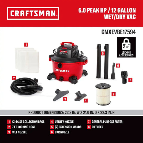 CRAFTSMAN CMXEVBE17594 12 Gallon 6.0 Peak HP Wet Dry Shop Vacuum Bundle