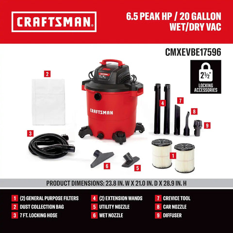 CRAFTSMAN CMXEVBE17596 20 Gallon 6.5 Peak HP Wet Dry Shop Vacuum Bundle