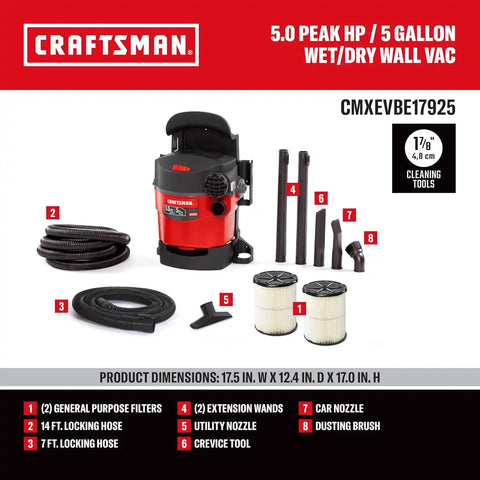 CRAFTSMAN CMXEVBE17925 5 Gallon 5.0 Peak HP Wet Dry Vac, Portable and Wall-Mountable Shop Vacuum with 2 Filters, 2 Hoses and Attachments for Garage and Automotive Cleaning