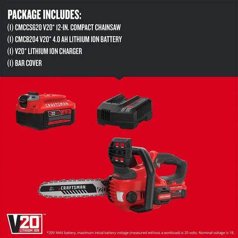 CRAFTSMAN V20 Cordless Chainsaw, 12-Inch Electric Chainsaw, Battery Powered, Battery and Charger Included (CMCCS620M1)