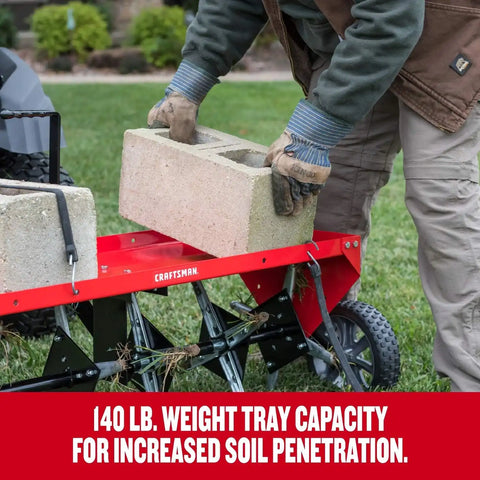 Craftsman 40 Inch Tow Behind Lawn Plug Aerator with 24 Galvanized Steel Coring Points and 140 lb Weight Tray