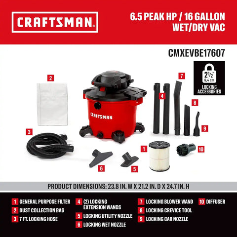 CRAFTSMAN CMXEVBE17607 16 Gal. 6.5 Peak HP Wet Dry Vac with Detach Blower | Portable Shop Vacuum Wet and Dry with Filter, Dust Bag, Hose and Attachments for Garage, Outdoor Cleaning