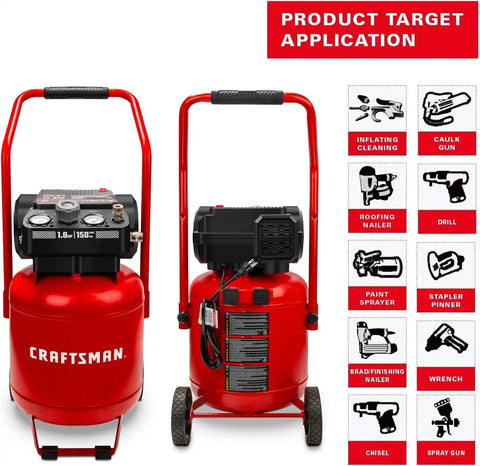 Craftsman Air Compressor 10 Gallon, Peak 1.8 HP, Max 150 PSI, 4.0CFM@90PSI, 5.0 CFM@40PSI, Oil-free, Portable Air Compressor with Wheel, 120V, Model: CMXECXA0331042