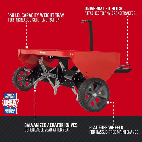 Craftsman 40 Inch Tow Behind Lawn Plug Aerator with 24 Galvanized Steel Coring Points and 140 lb Weight Tray