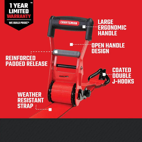 CRAFTSMAN 2" x 27' x 10,000 lbs Ratchet Strap with Double J-Hooks, 1‑Pack | 10,000 lbs Break Strength, Wide‑Grip Ergonomic Handle, WSTDA Weather‑Resistant Straps, Double J-Hooks for Industrial Cargo