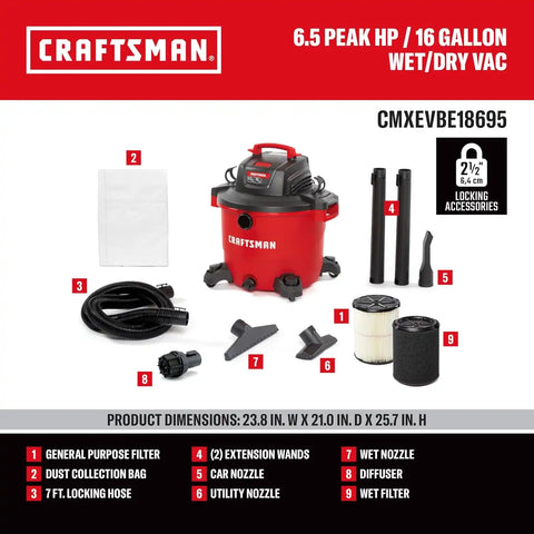 CRAFTSMAN CMXEVBE18695 16 Gallon 6.5 Peak HP Wet Dry Shop Vacuum Bundle | Heavy-Duty Wet and Dry Vac with 2 Filters, Dust Bag, Hose, Diffuser and Attachments for Home Projects & Renovations