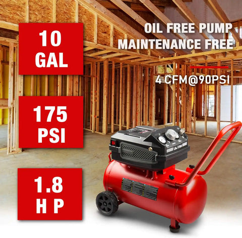 Craftsman 10-Gallon Air Compressor, 1.8 HP, Max 175 PSI, 4.0 CFM @ 90PSI, 5.0 CFM@40PSI, Oil-Free, Quiet Shop Air Compressor with Wheels for Spraying Pneumatic Tool, Model: CMXECXA0201041