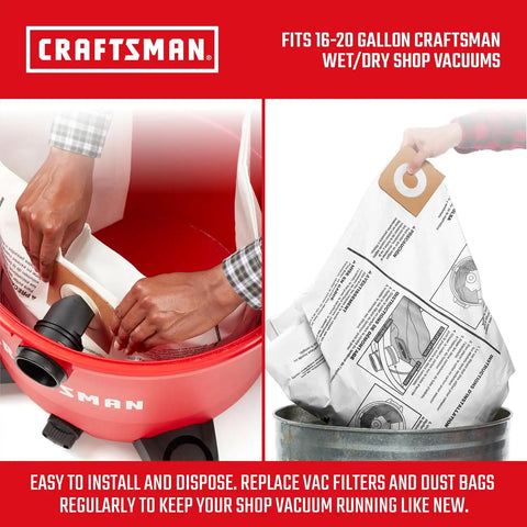CRAFTSMAN CMXZVBE38750 Genuine 16-20 Gal. Wet Dry Vac Dust Collection Bags | For Fine Dust, Fits Most 16 and 20 Gallon CRAFTSMAN Shop Vacuums, Collects Dry Fine Debris, Reduces Cleanup Time, 2-Pack