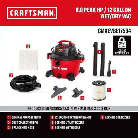 CRAFTSMAN CMXEVBE17594 12 Gallon 6.0 Peak HP Wet Dry Shop Vacuum | General Purpose Wet and Dry Vac with Filter, Dust Bag, Hose and Attachments for Home Projects & Renovations