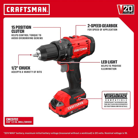 CRAFTSMAN V20 Cordless Drill Driver and Impact Driver, 2 x 2Ah Lithium Ion Battery and Charger, Two Power Tools, 1700 RPM 1/2 In. Electric Drill, 1800 Torque 1/4 Impact Screwdriver (CMCK201D2)