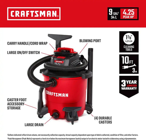CRAFTSMAN CMXEVBE18590 9 Gallon 4.25 Peak HP Wet Dry Vac, Portable Shop Vacuum Wet and Dry with Filter, 3 Dust Bags, Hose, Floor Brush and Attachments for Home, Garage and Automotive Cleaning