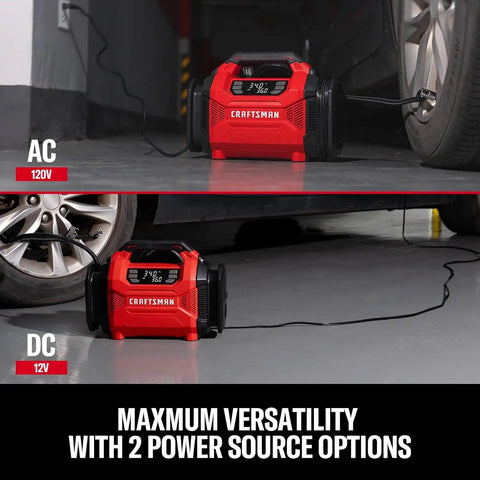 CRAFTSMAN Dual Power Tire Inflator with Digital Gauge & Auto Shut-Off | 12V DC Car Plug and 120V AC Home Use with Up to 150 PSI, LED Light, Portable Air Pump for Car Tires, Bikes and Inflatables