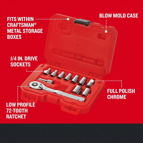 CRAFTSMAN Mechanics Tool Set, SAE, 1/4 Inch Drive, 11 Piece, 90-Tooth (CMMT34870)