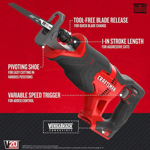 CRAFTSMAN V20 Reciprocating Saw, Cordless, 3,000 RPM, Variable Speed Trigger, Quick Easy Blade Change, Bare Tool Only (CMCS300B)