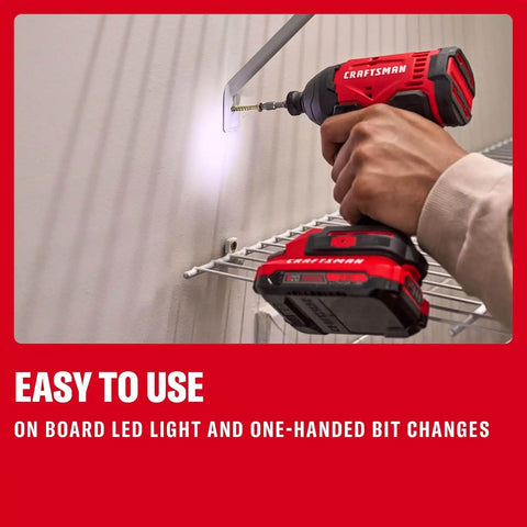 CRAFTSMAN Cordless 1/4 Impact Driver with 2 Ah Lithium Ion Battery, Charger and PH2 Screwdriving Bit, LED Light, High Torque, Variable Speed, 2900 RPM (CMCF801D1)