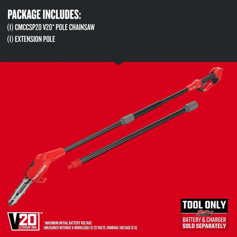 CRAFTSMAN Pole Saw, Pole Saws for Tree Trimming, Cordless V20 Tool-Only Tree Trimmer, Up to 14 Ft Extended Reach (CMCCSP20B)