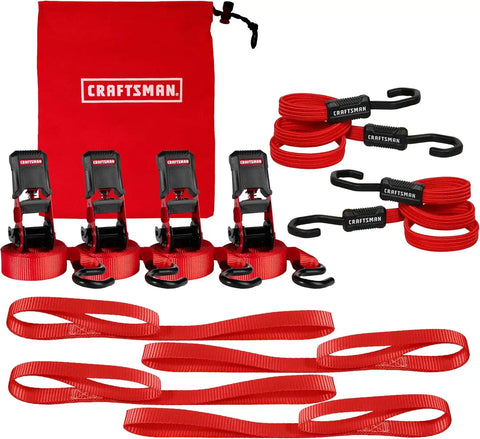 CRAFTSMAN 10-PC Ratchet Strap Kit with Soft Loops, Bungees and Storage Bag | 1,500 lbs Break Strength Ratchet Straps, 36" Premium Flat Bungees, 18" Soft Loops, Storage Bag, Hauling and Cargo Management