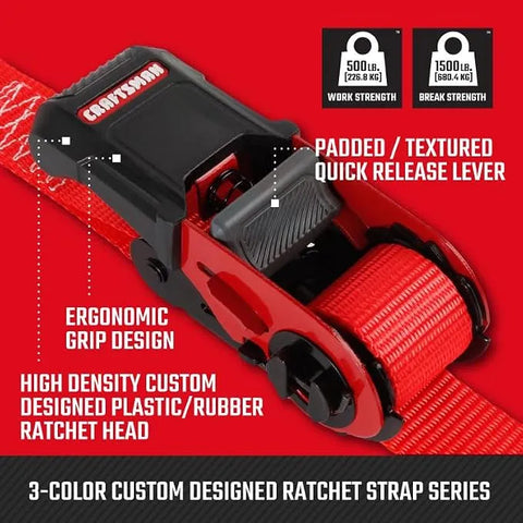 CRAFTSMAN 1" x 12' x 1,500 lbs Ergonomic Light-Duty Ratchet Straps, 4-Pack | 1,500 lbs Break Strength, Weather-Resistant, Padded Ergonomic Grip Handles, Coated S-hooks, Easy to Secure Lightweight Cargo