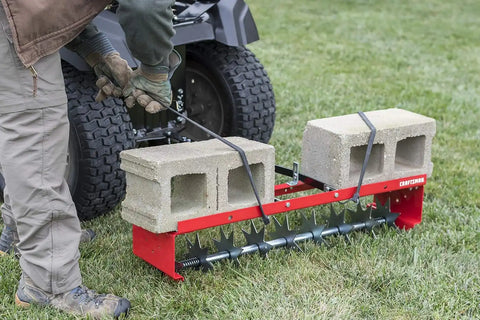 CRAFTSMAN (CMXGZBF7124336), 36-Inch Tow Spike Tow Behind Spike Aerator for Aerating Lawns; 9 Galvanized Steel Disks, 90lbs Capacity Weight Tray for Better Aeration, Universal Hitch, Red