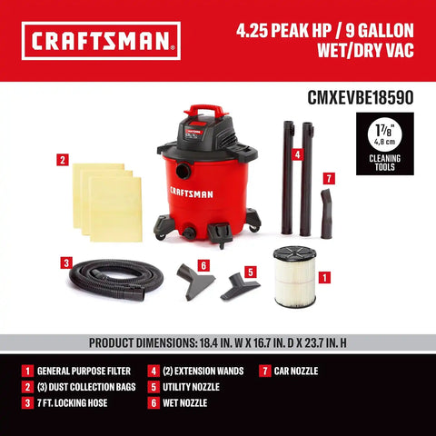 CRAFTSMAN CMXEVBE18590 9 Gallon 4.25 Peak HP Wet Dry Shop Vacuum