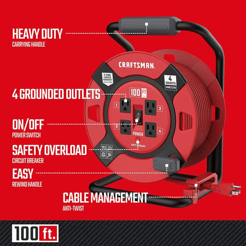 CRAFTSMAN 100 Ft. Retractable Extension Cord Reel, 4 Outlets | 14 AWG SJTW cable, heavy-duty build, ideal for garage or job site power