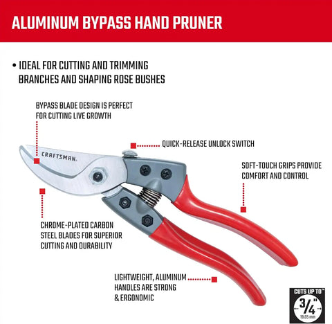 Craftsman 3/4-in. Manual Aluminum Bypass Hand Pruner for Cutting, Trimming Branches, Shaping Rose Bushes