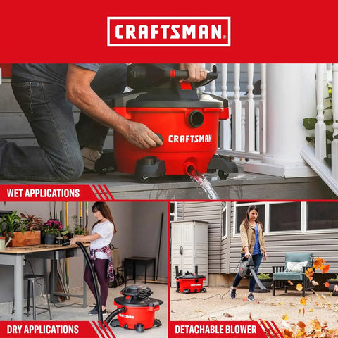CRAFTSMAN CMXEVBE17606 12 Gallon 6.0 Peak HP Wet Dry Vac with Detachable Leaf Blower, Portable Shop Vacuum Wet and Dry with 2 Filters, Dust Bag, Hose and Attachments for Garage, Outdoor Cleaning