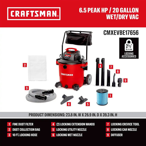 CRAFTSMAN CMXEVBE17656 20 Gallon 6.5 Peak HP Wet Dry Shop Vacuum with Cart | Heavy-Duty Shop Vacuum Wet and Dry with Fine Dust Filter, Dust Bag, Hose and Attachments for Shop, Garage, Jobsite Cleaning