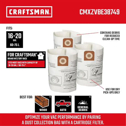 CRAFTSMAN CMXZVBE38749 Genuine 16-20 Gal. Wet Dry Vac Dust Collection Bags | For General Debris, Fits Most 16 and 20 Gallon CRAFTSMAN Shop Vacuums, Collects Dry Only Debris, Reduces Cleanup Time, 3-Pack