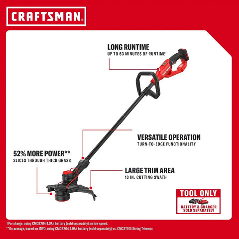 CRAFTSMAN V20 2 in 1 String Trimmer and Lawn Edger, 13 in. Cordless Weed Eater with Up to 63 Minutes Runtime, Easy Handling, Tool Only (CMCST901B)