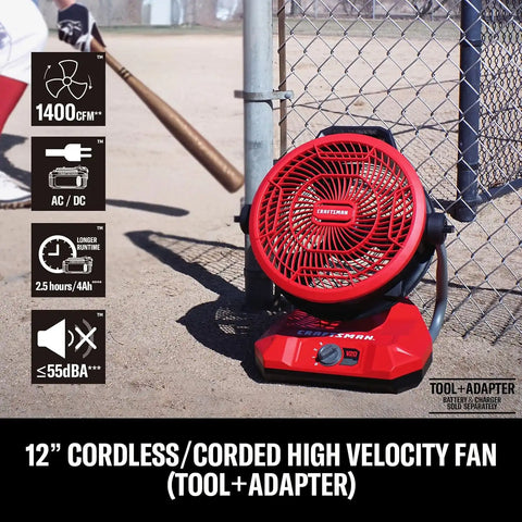 CRAFTSMAN V20 Cordless 12" Portable Fan, Battery Powered Fan, AC/DC Dual Supply, AC Adapter included, 1400 CFM, 3-Speed Settings, 130° Tilt for Garage, Workshop, Outdoor and Patio