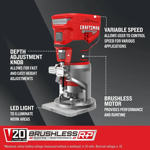 CRAFTSMAN V20 Router Tool, Cordless, Variable Speed, Fixed Base Router with Depth Adjustment, Bare Tool Only (CMCW400B)