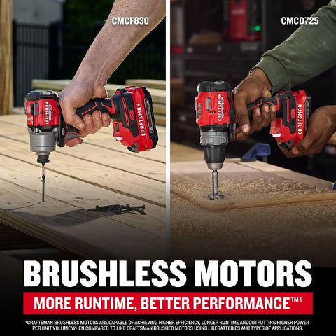 CRAFTSMAN V20 Brushless RP 1/2 inch Drill/Driver with 2 speed gear box, 1/4 inch Impact Driver, 2 Batteries and Charger Included (CMCK2530C2)