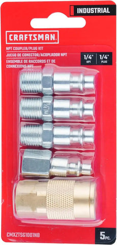CRAFTSMAN 5-pc NPT Coupler/Plug Kit, Industrial Quick Connect, Steel and Brass, 1/4-in NPT Threads