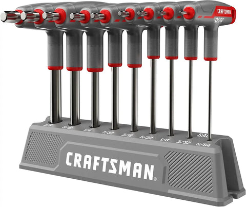 CRAFTSMAN OVERDRIVE SAE T Handle Allen Wrench Set, 9 PC (CMHT26032) | T-handle hex key set, Includes 9 PCs from 5/64 In to 3/8 In, Corrosion resistant, Tight Torque, Organizer stand