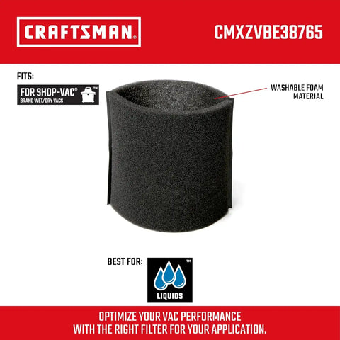 CRAFTSMAN CMXZVBE38765 Foam Sleeve Wet Dry Shop Vacuum Filter | Washable and Reusable, Wet Application Filter for Most Shop-Vac Branded Shop Vacuums