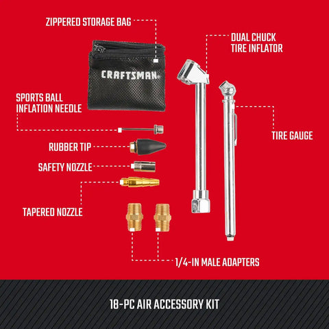 CRAFTSMAN 18-Piece Air Compressor Accessory Kit, Includes Blow Gun, Tire Inflator, Brass Fittings, and Storage Bag