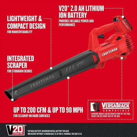 CRAFTSMAN 20V MAX Cordless Leaf Blower with Battery and Charger, Hard Surface Electric Leaf Blower,Powerful up to 90 MPH, Red (CMCBL710D1)