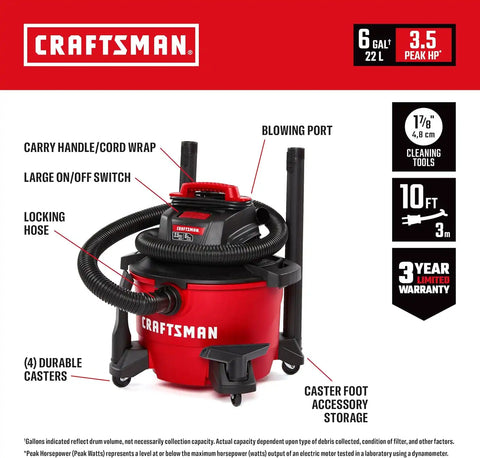CRAFTSMAN CMXEVBE17584 6 Gallon 3.5 Peak HP Wet Dry Shop Vacuum Bundle | General Purpose Wet and Dry Vac with Filter, Dust Bag, Floor Brush and Attachments for Home, Garage and Automotive Cleaning